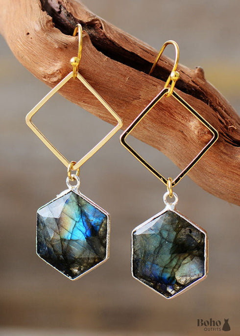 Boho Earrings, Dangle Earrings, Rhodonite Hexagon